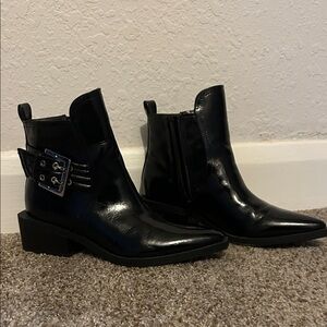 Black Pointed Toe Ankle Boots with Buckle